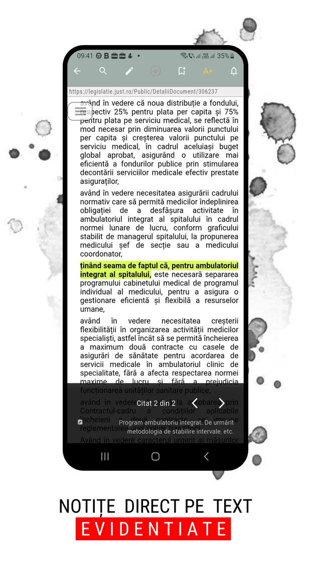 Notițe direct pe text, cu pasaje evidențiate